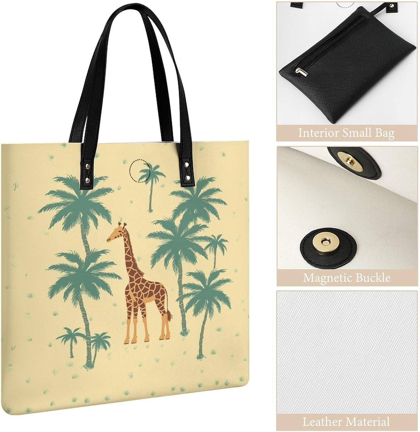 Giraffe Palm Tree Tote Bag with Magnetic Buckle Reusable Grocery Bags Lightweight Cross Body Handbag for Daily Essentials