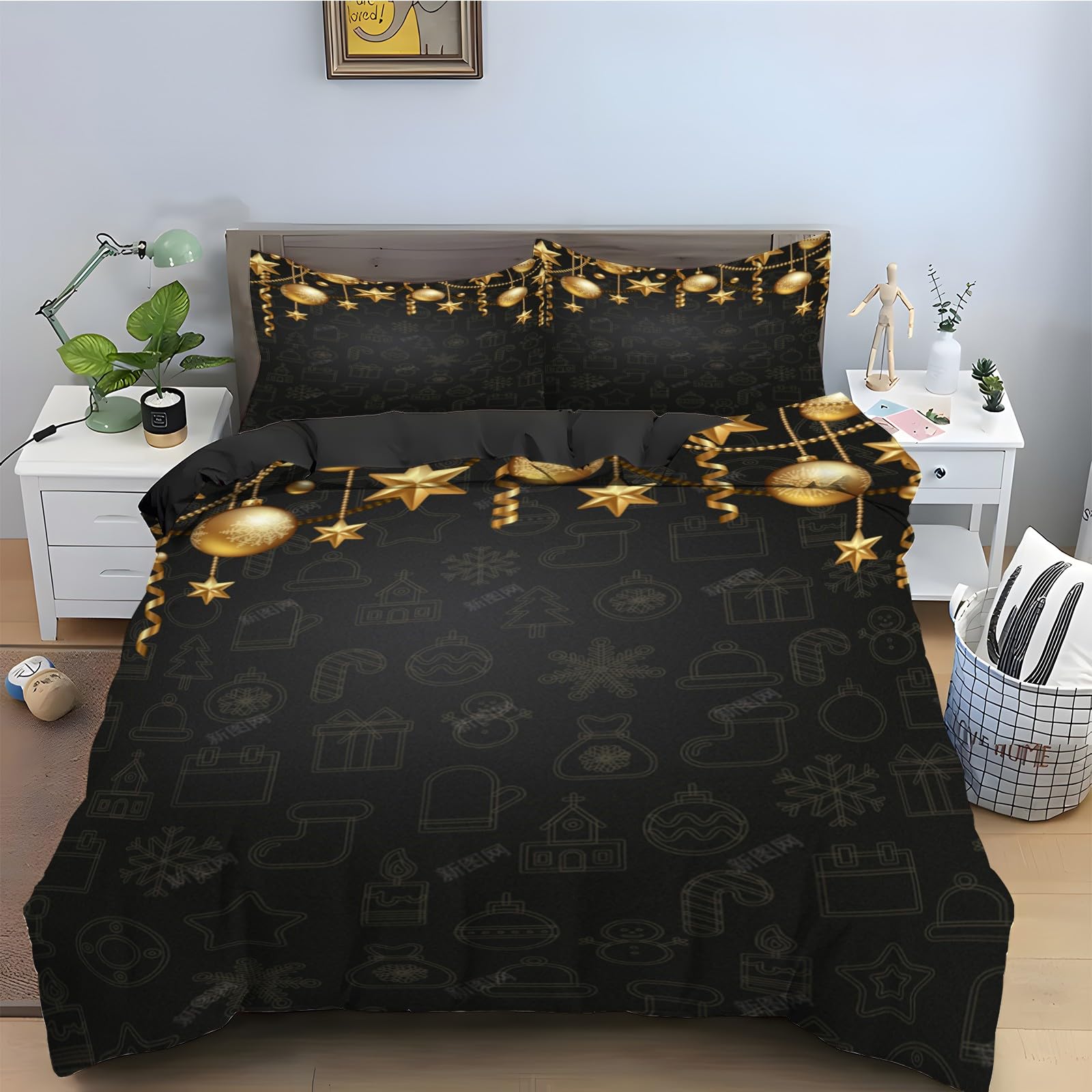 Housse de couette 220x240 boules de Noël avec 2 taies d'oreiller microfibre