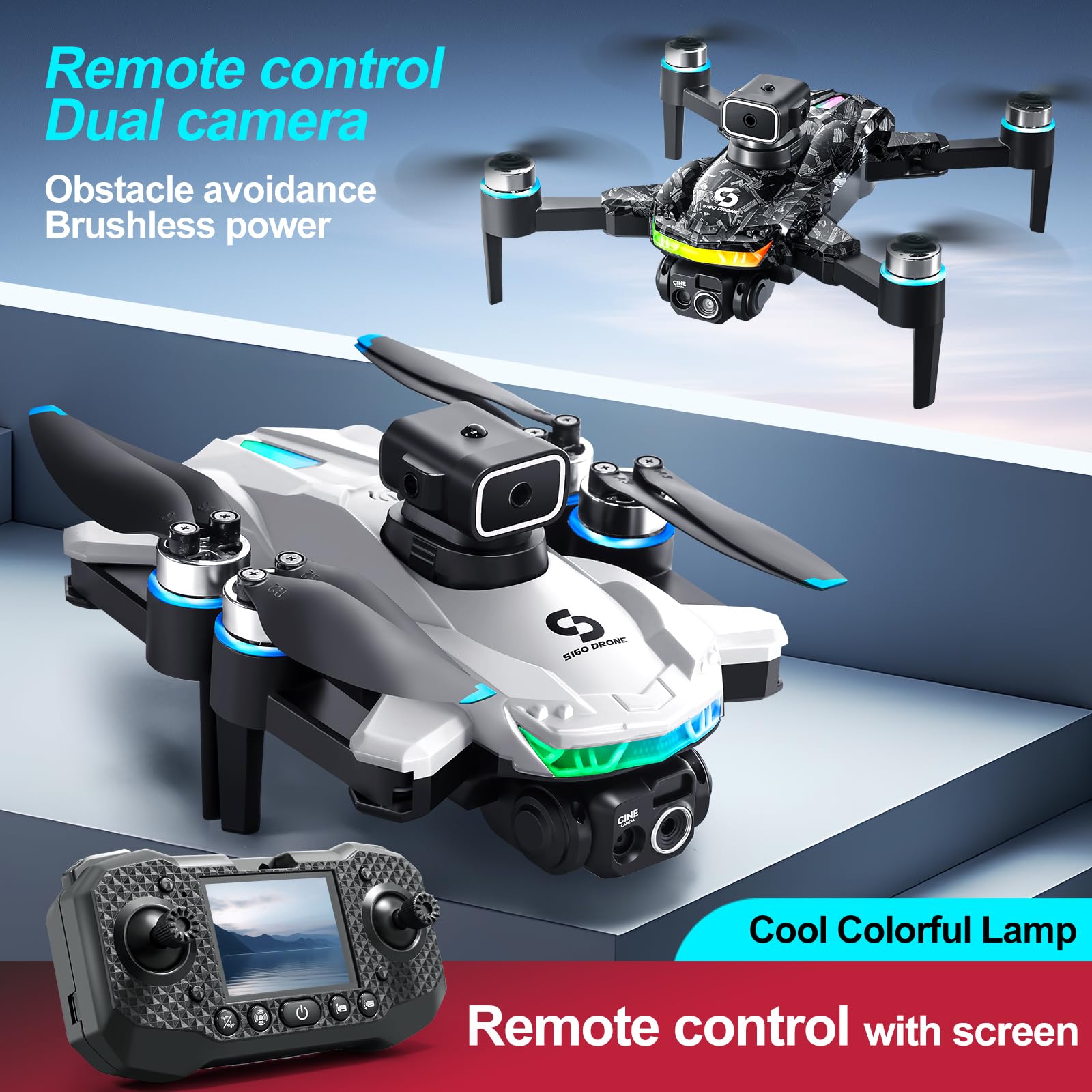 S160 Drone Pieghévole con Telecomando a Schermo Integrato - Doppia Camera HD 90°, Evitamento Ostacoli 4 Direzioni, Motore Brushless, Volo Stabile a Flusso Ottico, Autonomia 13 Min (black)