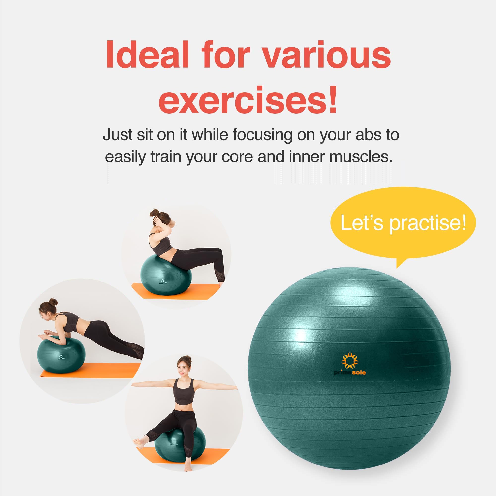 Primasole Palla di stabilità in PVC, 65 cm, verde scuro, anti-scoppio e stabile, palla da yoga per gravidanza, grande palla da ginnastica per pilates, alternativa alla sedia da ufficio e supporto alla