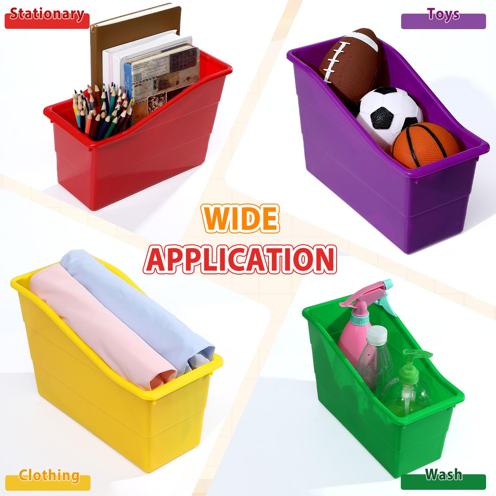 Lot de 12 grandes corbeilles à livres, organiseur de magazines en plastique durable de haute qualité avec étiquettes pour salle de classe, bibliothèque, bureau, organisation de bureau, catégorisation