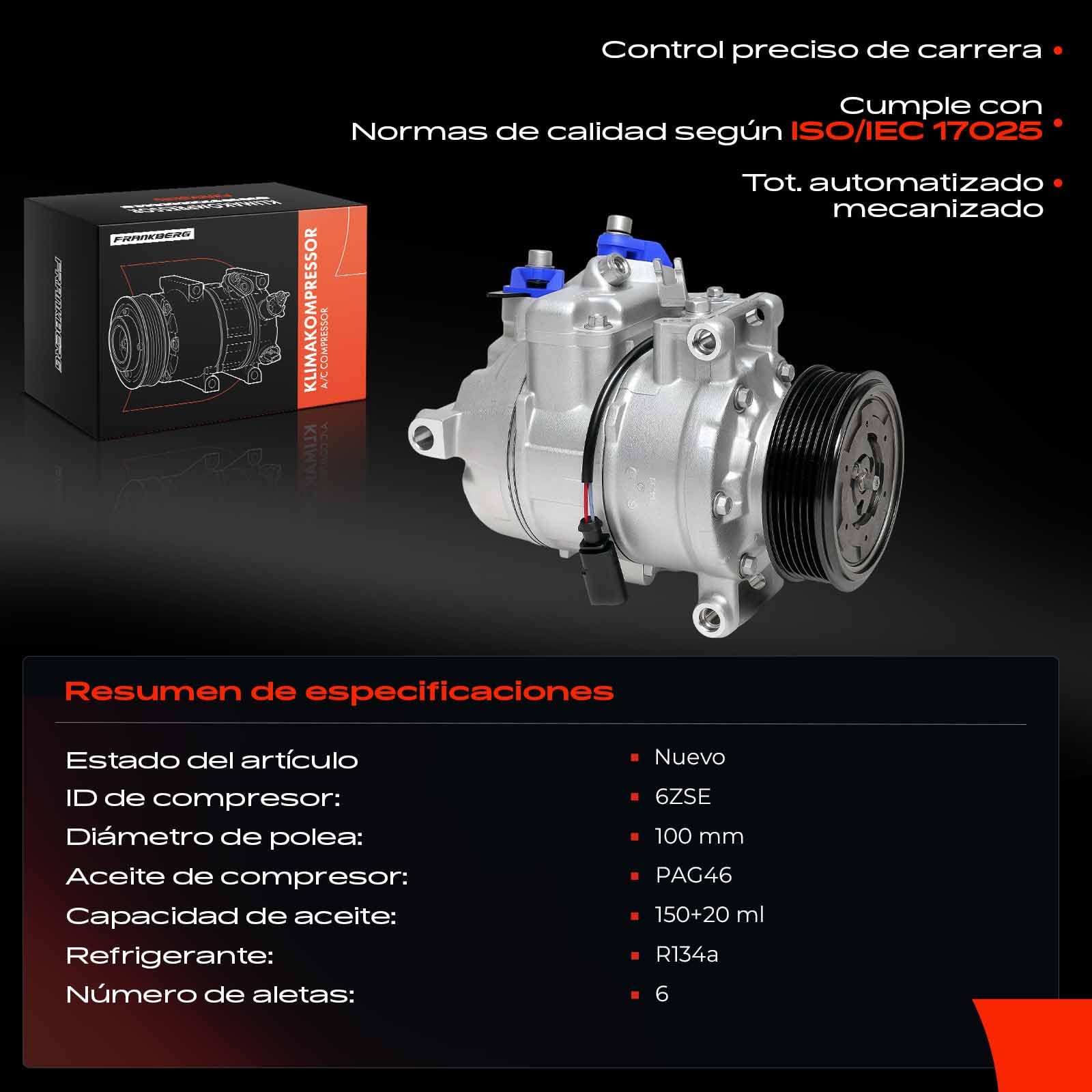 Frankberg Sistemas de aire acondicionado Compresor de aire acondicionado con embrague Compatible con A4 8E2 8EC 8H7 8HE 8E5 8ED A6 4F2 4FH 4F5 A8 4E2 Q5 8RB 8E0260805BAincl. aceite premezclado