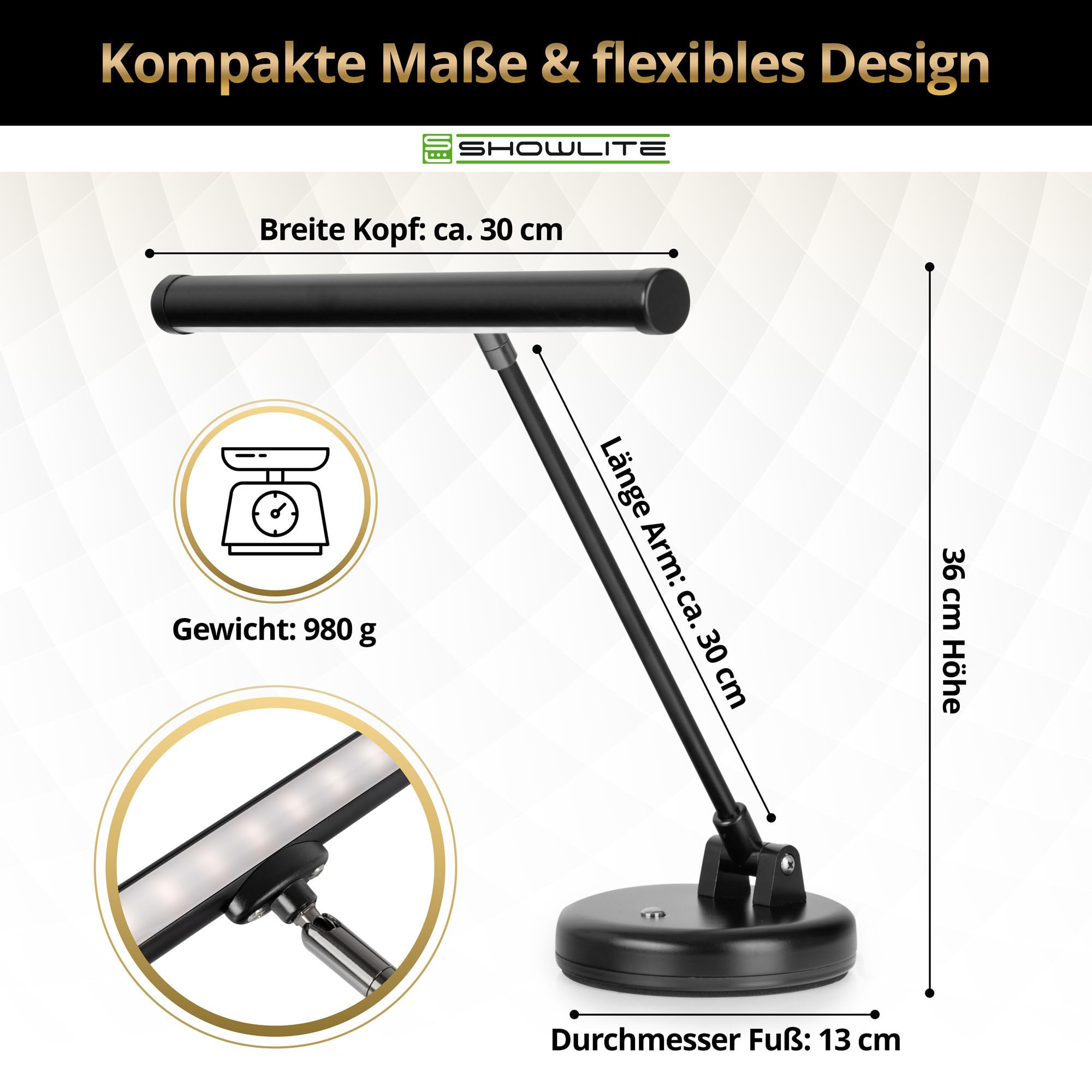 Showlite PL-1-BK-KW LED Klavierleuchte - Klavierlampe mit 15 LEDs - kaltweißes Licht in 2 Stufen - 36 cm Höhe - Betrieb per USB, Netzstrom oder Batterie - schwarz