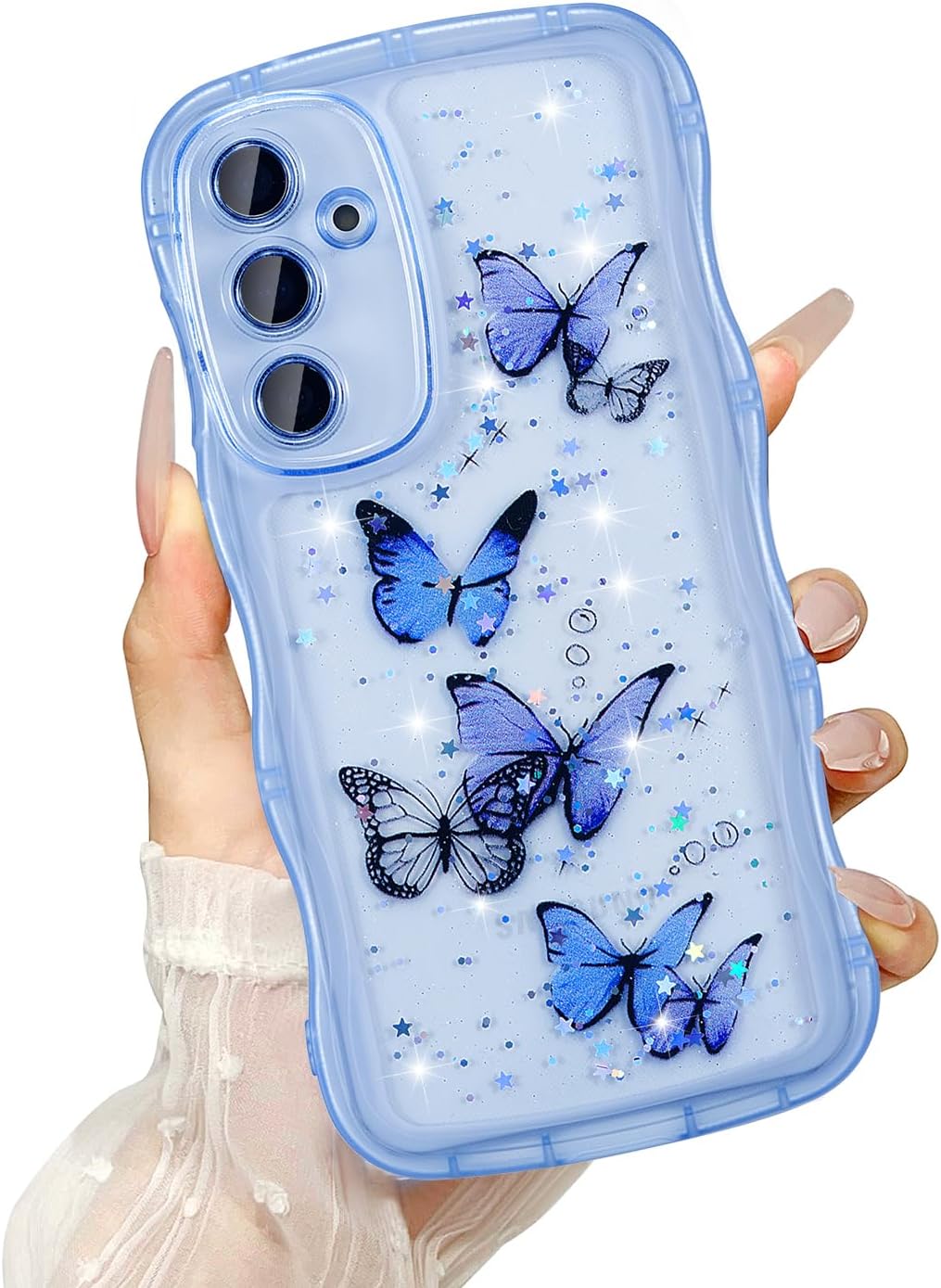 Transparent Case for Samsung Galaxy S24 5G, Curly Wave Frame Liquid Silicone Case, Butterfly Pattern Phone Cover Shockproof Bumper Cover for Girls Women, Blue