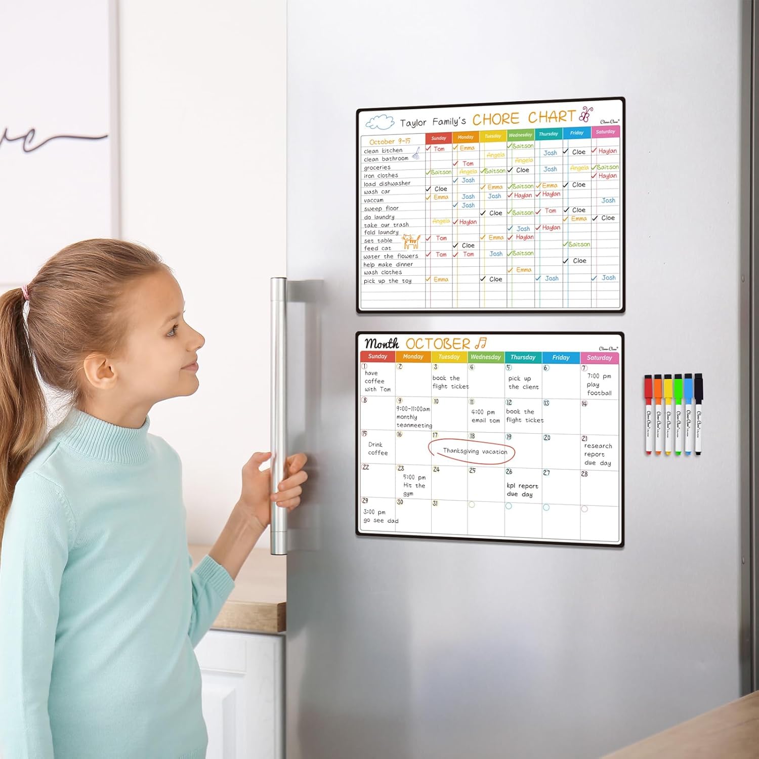 Magnetic Dry Erase Chore Chart, Monthly Calendar Set - 14.5"x11" Monthly Calendar, Chore Board for Fridge - 6 Extra Fine Point Markers Included - Shipped Flat thumbnail