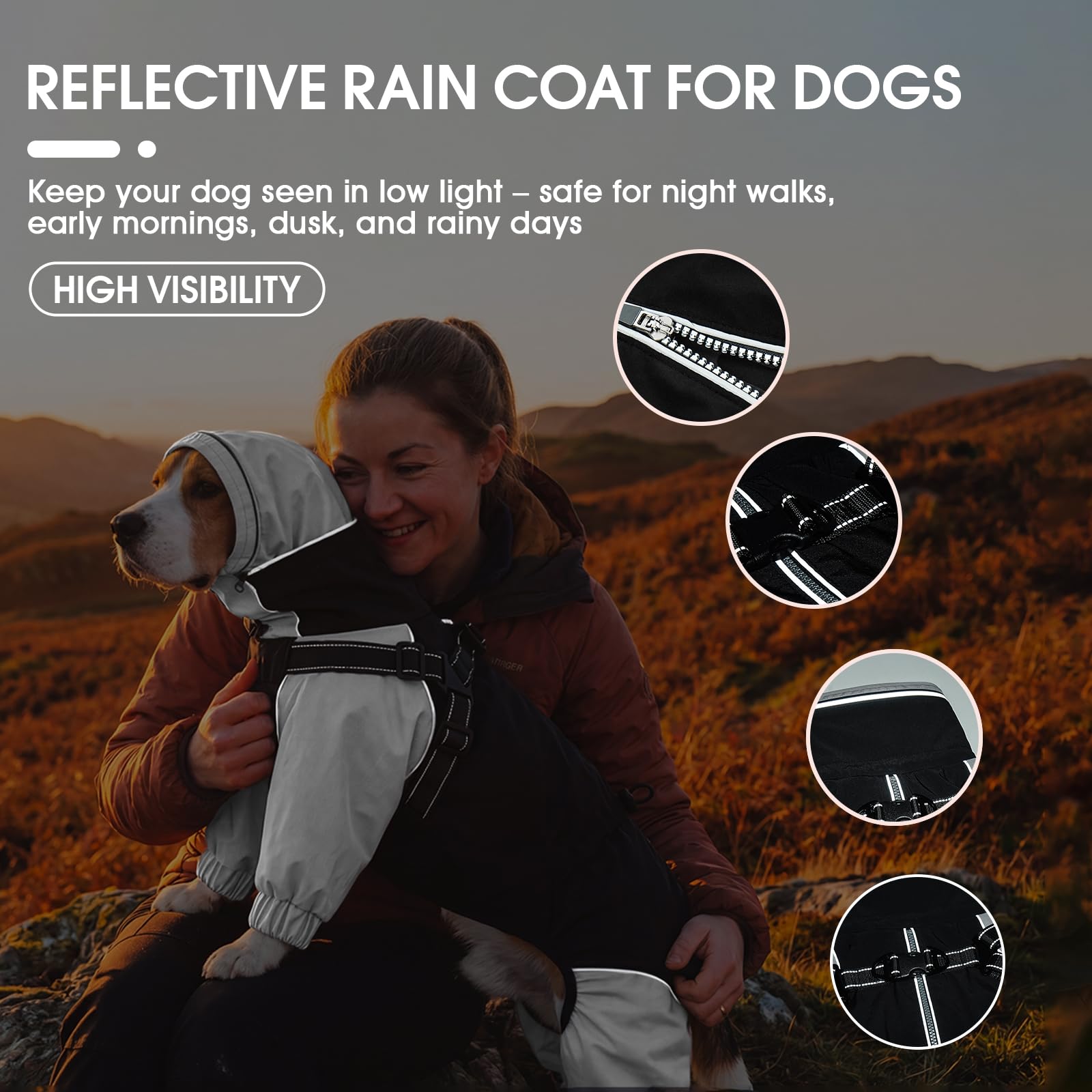 IECOii Hundejacke wasserdicht kleine Hunde Full-Body 4-Leg mit versteckter Kapuze,Reißverschluss und Built-in Harness – Hundejacke Regen,wasserabweisend,leicht,atmungsaktiv,Outdoor,Spaziergänge