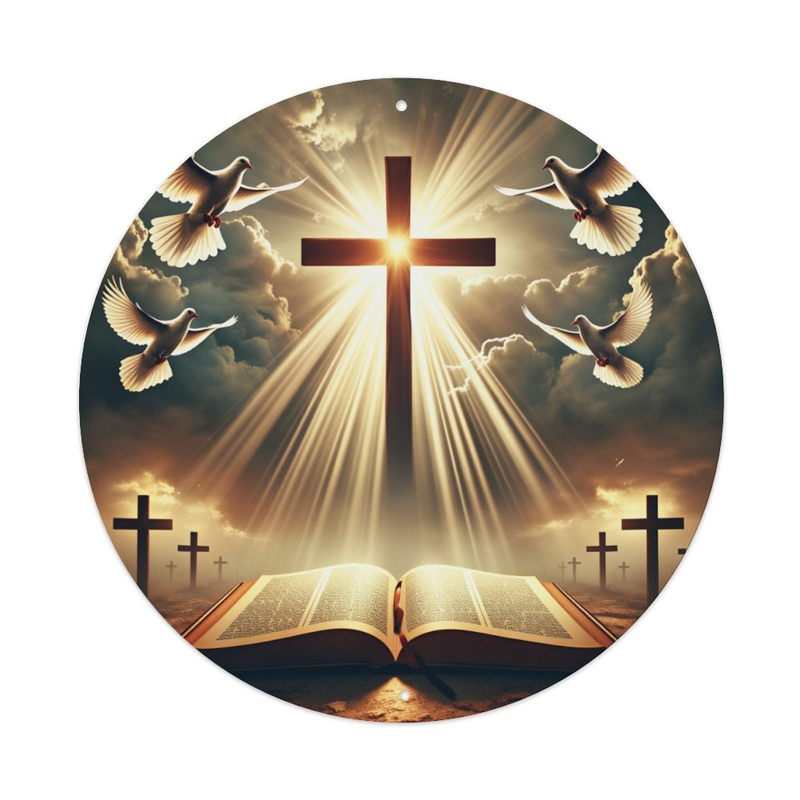 Cross Light Doves Bible Sky Round Tin Sign Vintage Metal Poster, Home Bar Garage Man Cave Cafe Indoor & Outdoor Wall Decoration 8x8Inches
