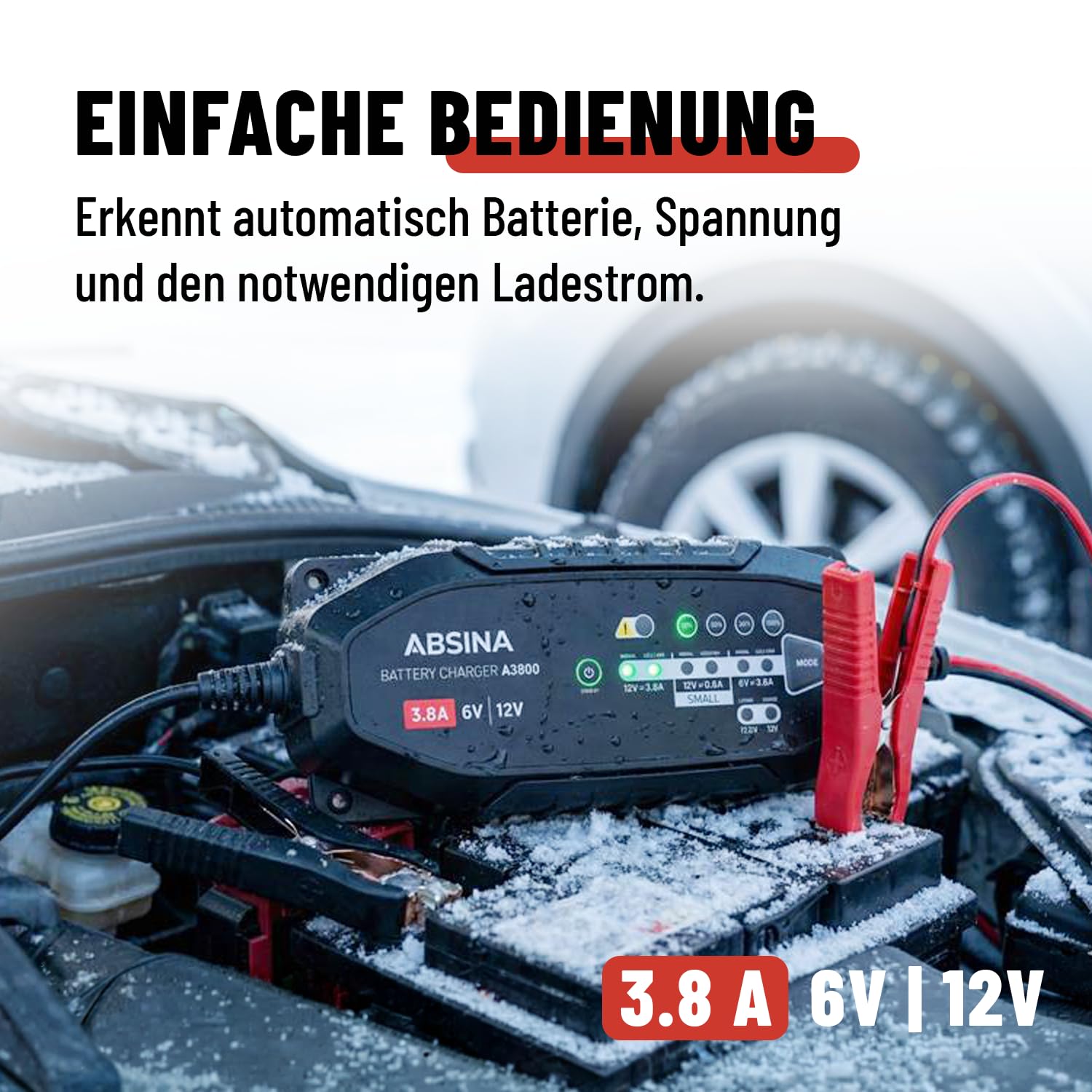 ABSINA 3,8 A Batterieladegerät KFZ für 6V & 12V Blei Batterie bis 120Ah & 12,8V Lithium - Ladegerät Autobatterie - AGM Ladegerät für Auto Motorrad Wohnwagen - Erhaltungsladegerät