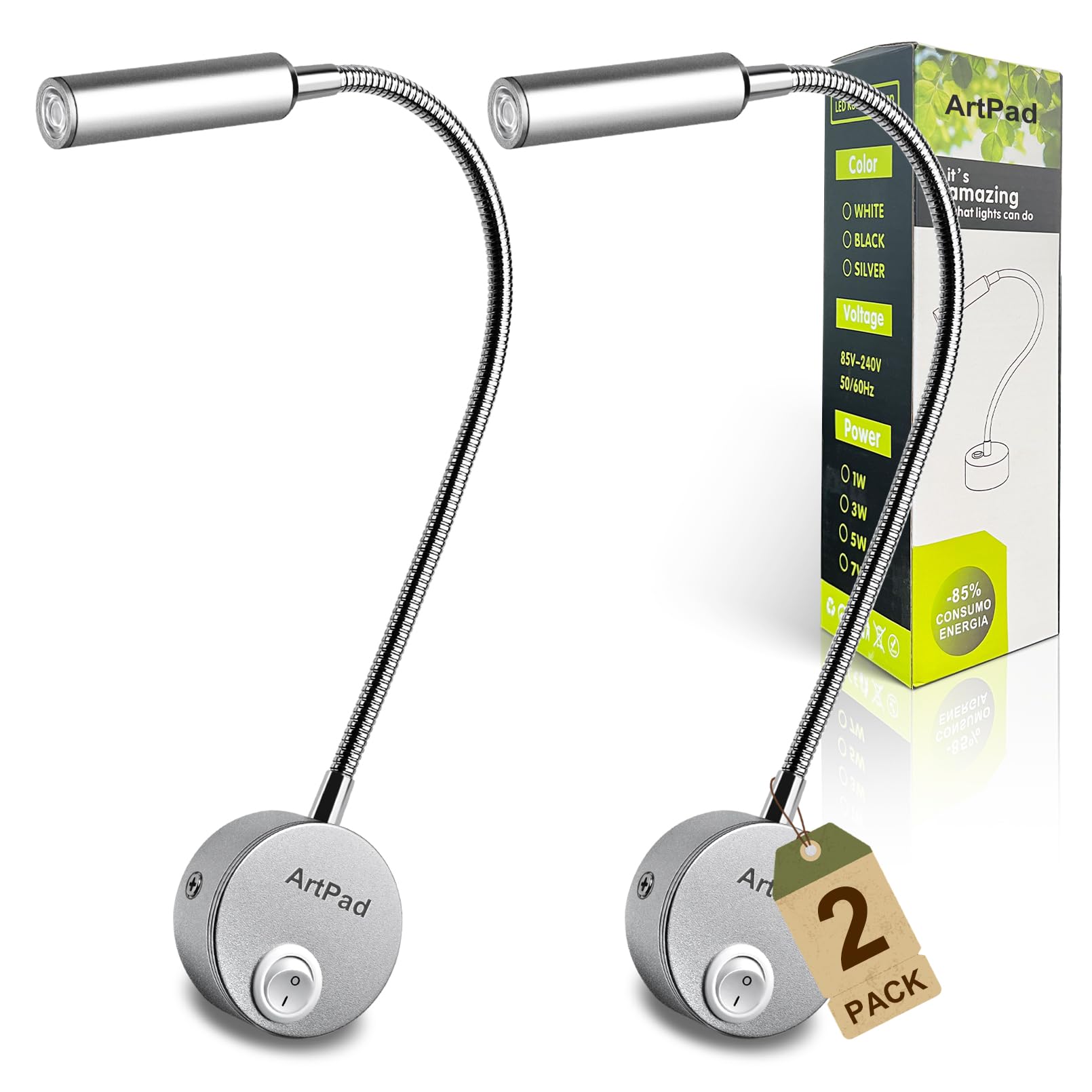 Artpad Leselampe Bett, 2er Pack LED Wandleuchte,360° Biegsamem Arm,3W,warmweißes Licht-Perfekte Wandlampe Für Schlafzimmer Und Wohnzimmer