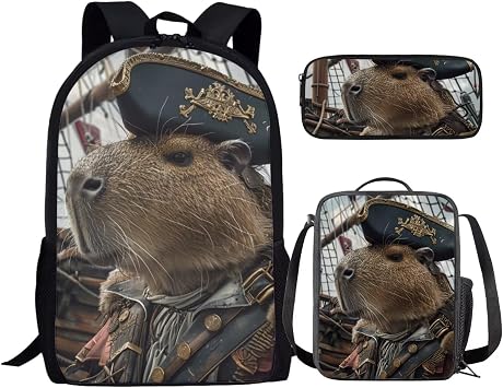 School Backpack Set for Kids Lightweight 17 Inch Funny Capybara Backpack for Boys Girls Animal Print Bookbag Elementary Student Comfy Daily Black Backpack with Lunch Box Pencil Case