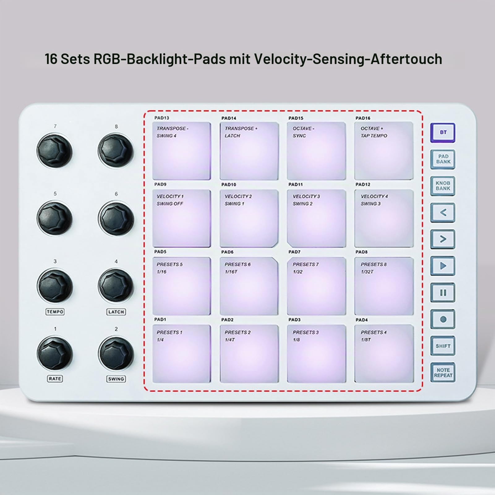 Drahtloser MIDI Pad Controller mit 16 RGB Anschlagdynamik Pads | 8 zuweisbare Drehregler Bluetooth Verbindung USB MIDI Ausgang Typ C Studio Bühne