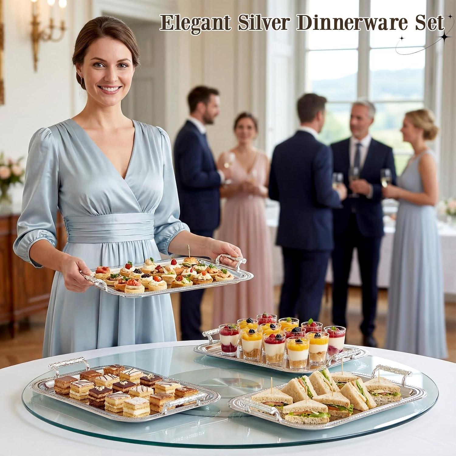 4 Pack Stainless Steel Serving Tray with Handle, 16 x 11.4 Inch Large Silver Plate Elegant Floral Metal Platter Tableware for Buffet Wedding Birthday Decorative