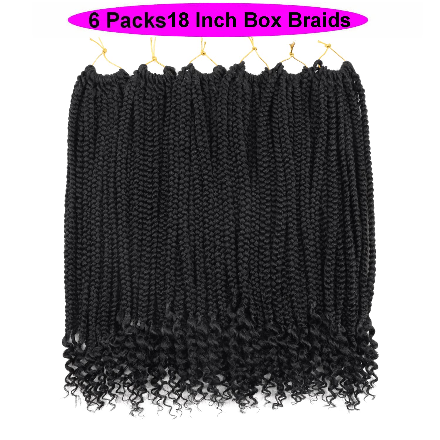 6 Packs Crochet Box Braids Curly Ends 18 Inch Bohemian Box Braids Crochet Hair for Black Women (1B, 18 Inch)