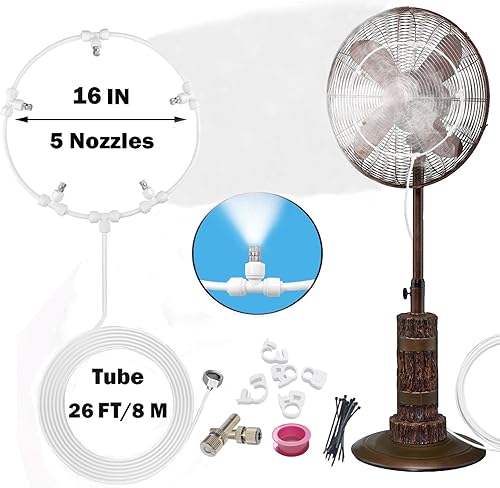 Misters de patio para refrigeración al aire libre con kit de ventilador de nebulización de 16 pulgadas, tubo de pulverización de agua de 26 pies y 5