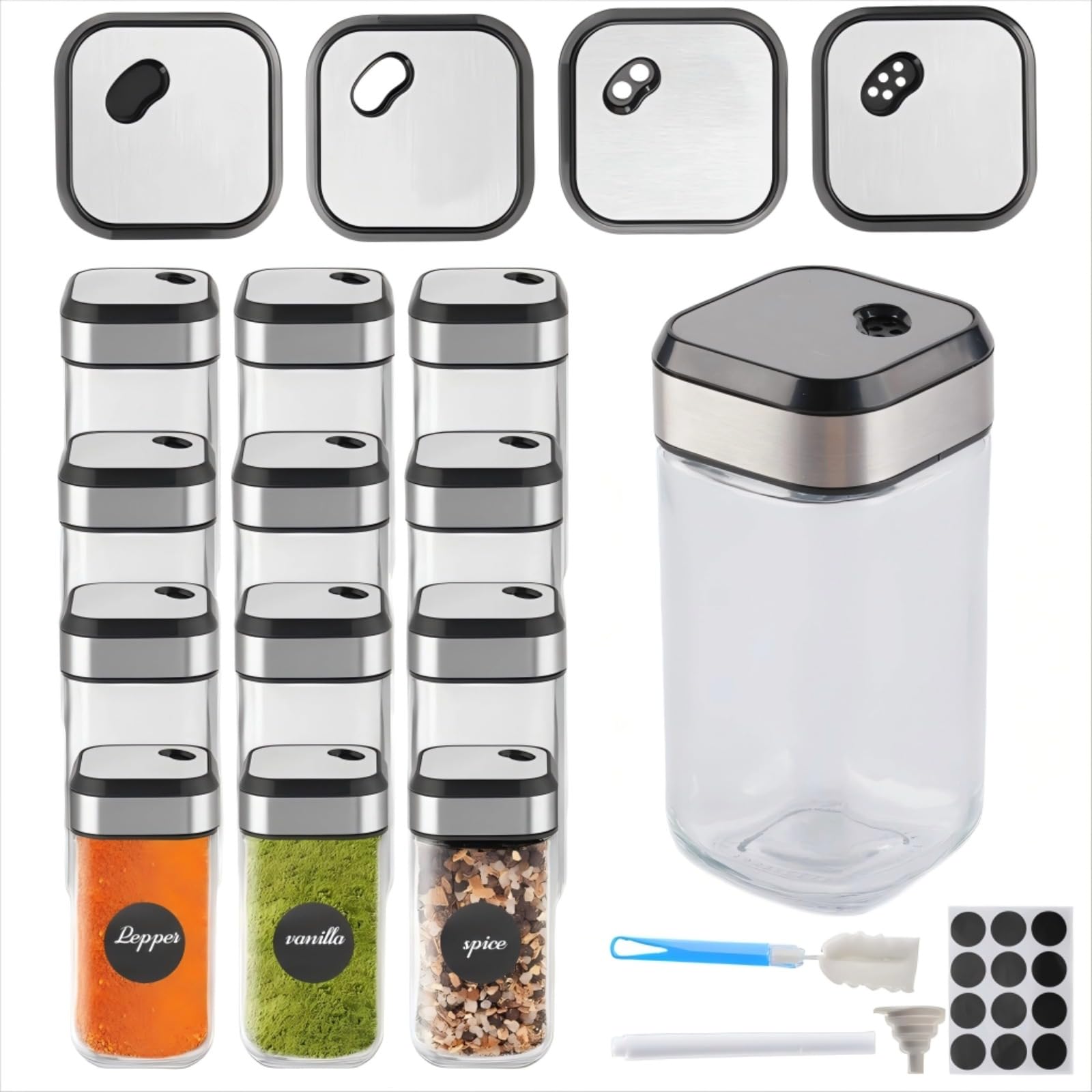 Set Barattoli Spezie In Vetro - 10&times;120ml Quadrati - Con Macina Spezie, Etichette, Imbuto - Coperchio Acciaio Inox