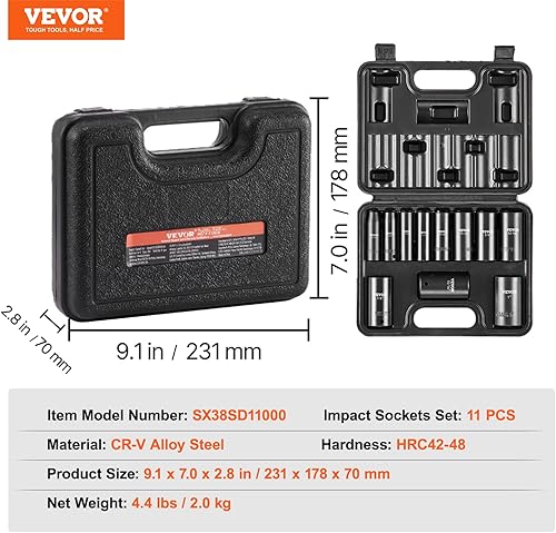 Miniatura 32 de VEVOR Juego de dados de impacto de 3/4 pulgadas, 29 piezas, enchufes de 6 puntos, construcción resistente, CR-M0, juego de llaves de vaso de 3/4