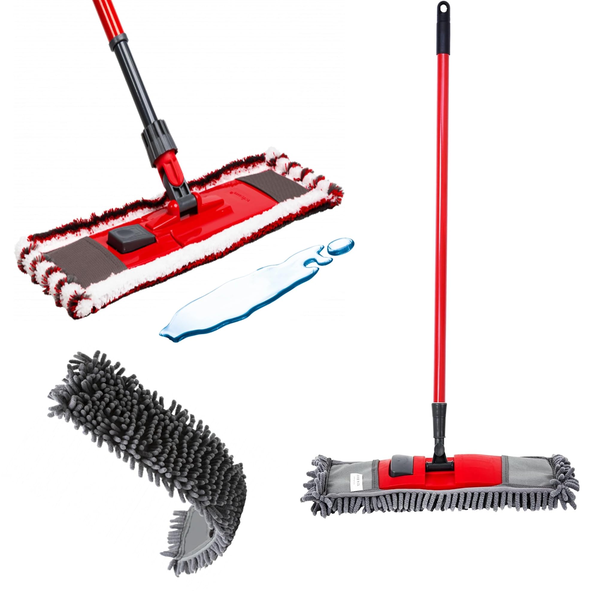 Hard Floor Microfibre & Noodle Head Mops For Cleaning Wet Or Dry Surfaces Kitchens & Wooden Floors (Flat Mop Head & Long Handle, 1 Mop)