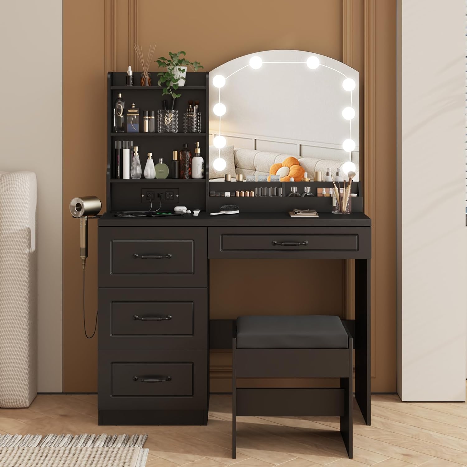 Black Vanity Desk with Mirror Light and Charging Station, Makeup Vanity with 4 Drawers Lots Storage ，3 Lighting Modes Adjustable Brightness