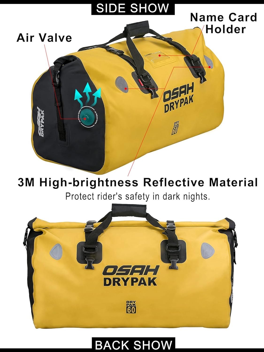 BORLENI Motorcycle Dry Bag Waterproof Motorcycle Luggage Bag Motorcycle Duffel Bag for Skiing Travel Hiking Camping Boating Riding Fishing (Yellow,60L) : Sports & Outdoors