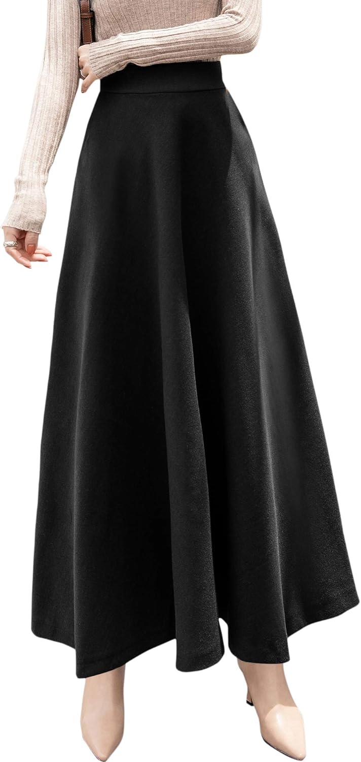 chouyatou Women's Fall Winter A-Line Swing Pleated Long Maxi Wool Skater Skirt - Image 2