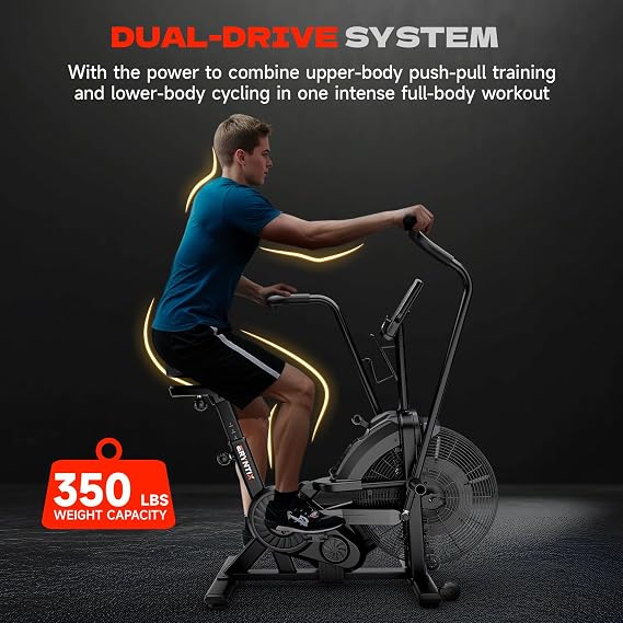 Air Bike, Exercise Bike with Magnetic & Air Resistance Fan Bike, Stationary Bike for Home Cardio Workout, Adjustable Indoor Cycling Bike with APP & Dual Action Handlebars, 350lb Capacity