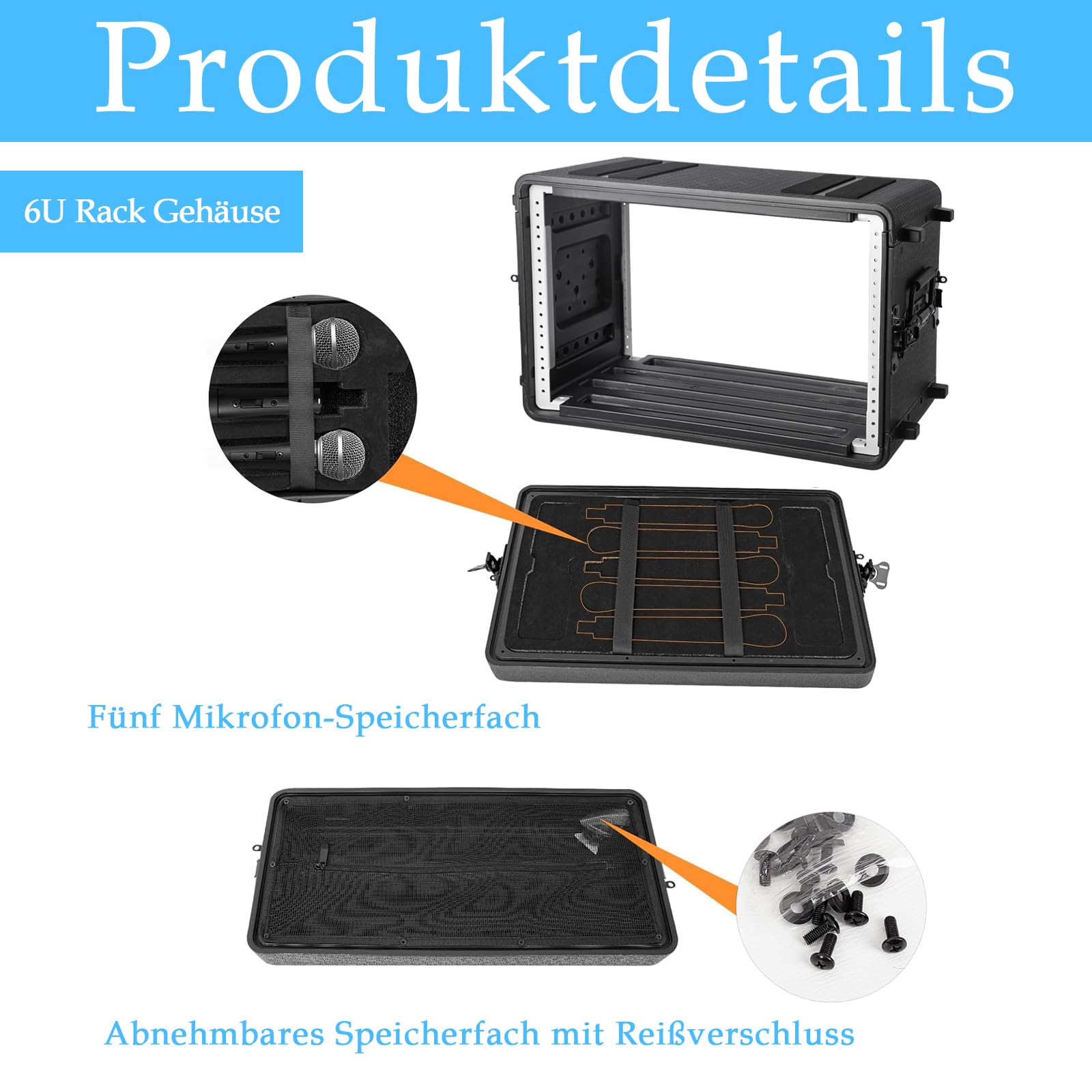 6U-Rack-Koffer, 16" Tiefe, 19“ Rackmount-Flightcases, einfache Installation, tragbar, wasserdicht, staubdicht, stoßfest, mit Mikrofonfächern, platzsparend