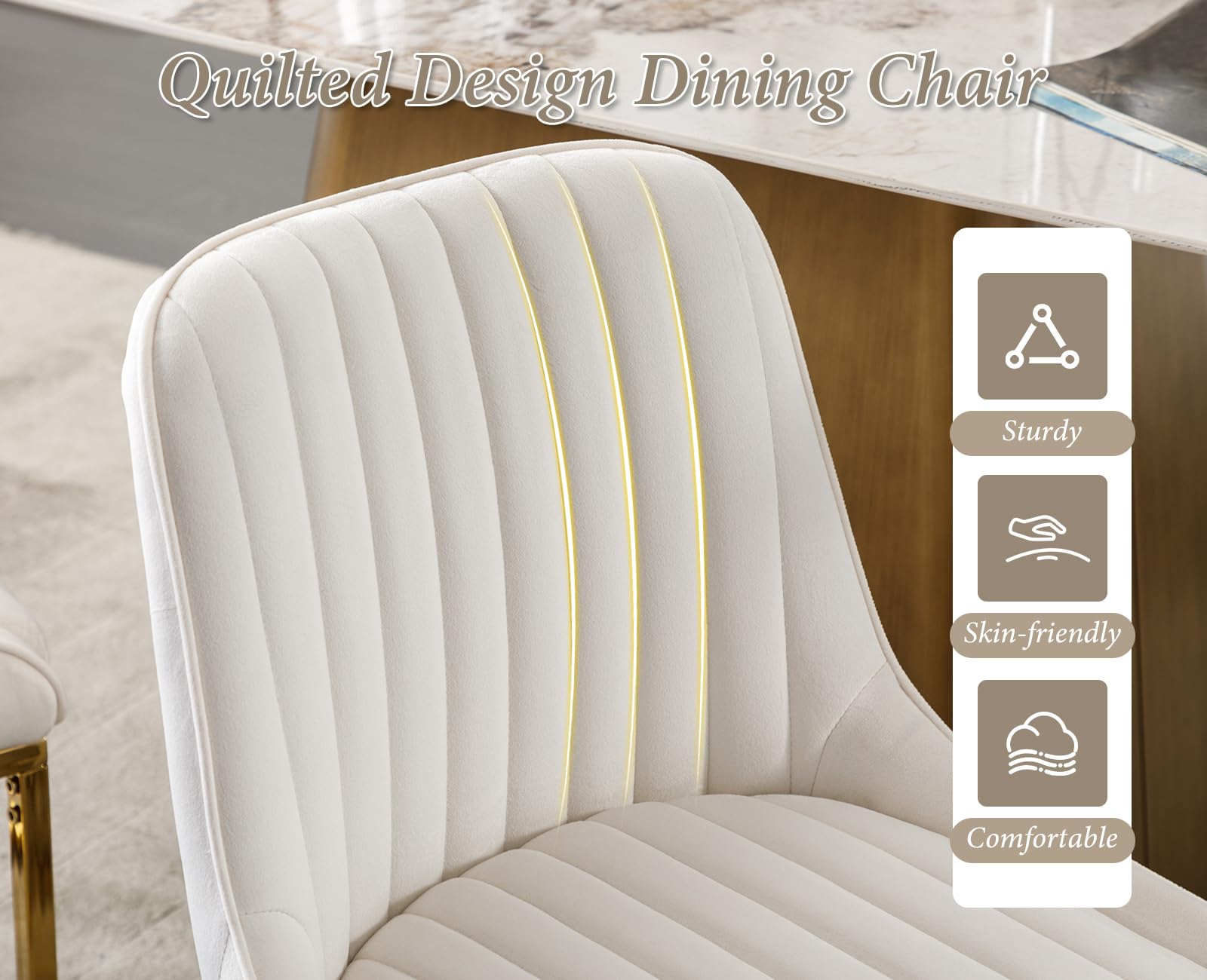 chairus 2PCS Sillas de Comedor Terciopelo con Patas Doradas, Blanco | Modernas, Patas Doradas, Sin Brazos, Para Salón/Cafetería/Recepción
