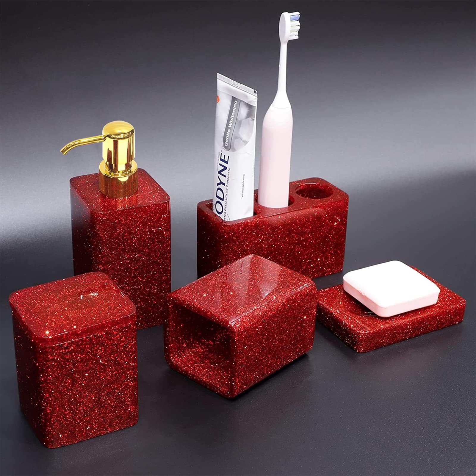 Red Glitter Bathroom Accessories Set Complete 5Pcs Soap