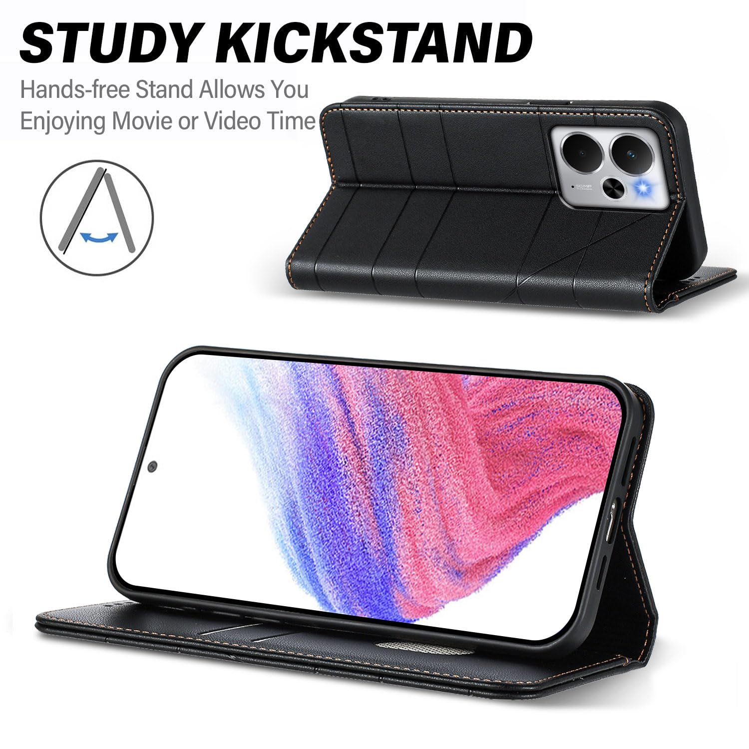 XINYEXIN Etui do Realme 14 5G / Realme 14T 5G, etui z klapką ze skóry PU z ochroną RFID, przegródki na karty, portfel, stojak, pełna ochrona - czarne