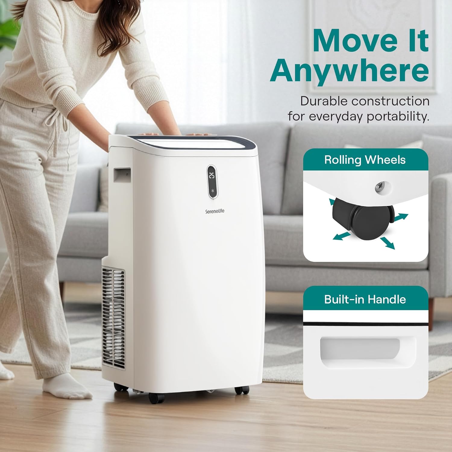 SereneLife Portable Air Conditioner 12000 BTU | Cools Rooms up to 450 sq ft | 3-in-1 Cooling, Fan & Dehumidifier | 24-Hour Timer & Remote | Standing Portable AC Unit with Window Kit Included