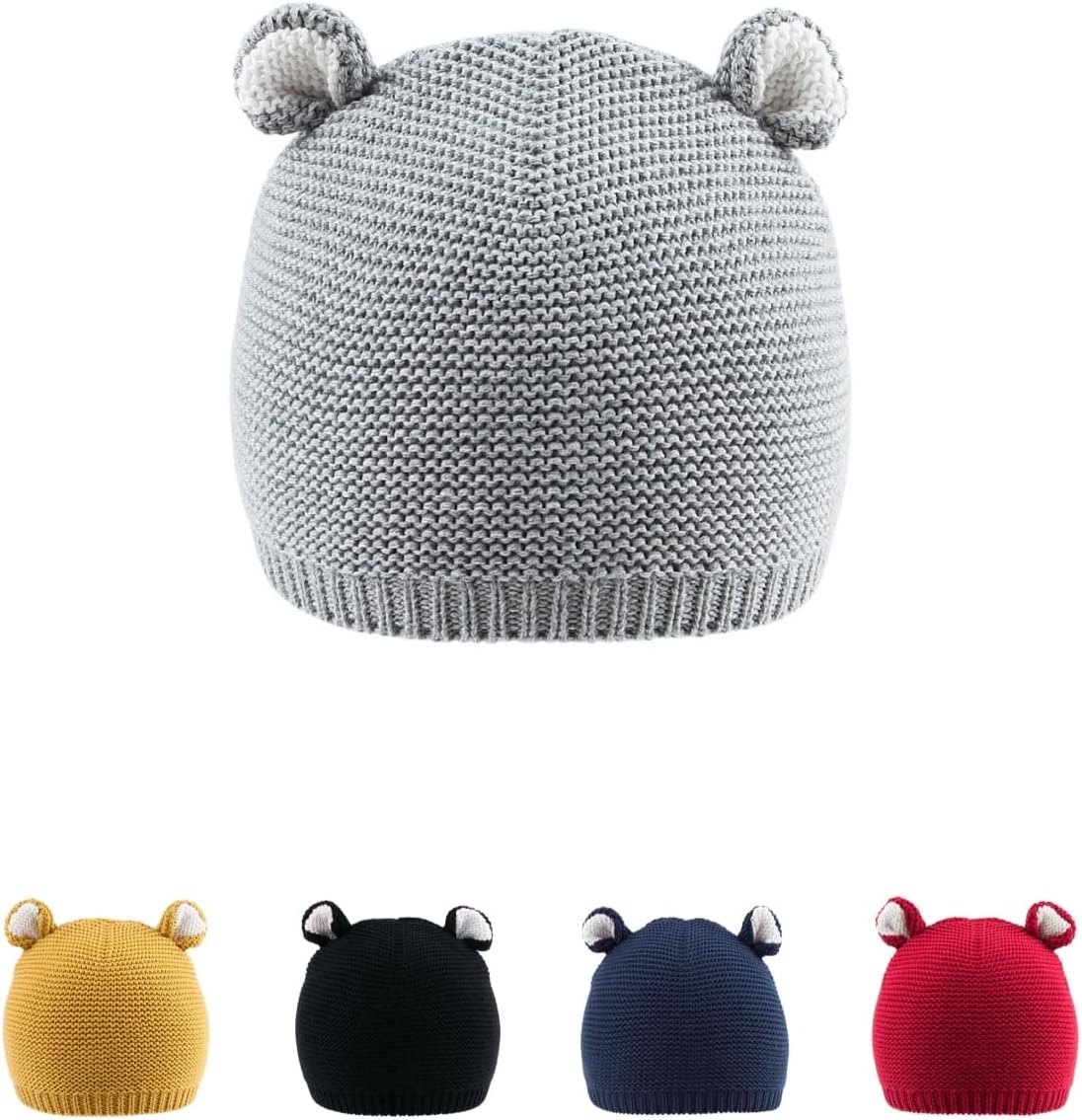 Baby Knit Hat Cotton Bear Beanie Soft Cute Infant Fall Winter Hats for Boys Girls Age 0-18M