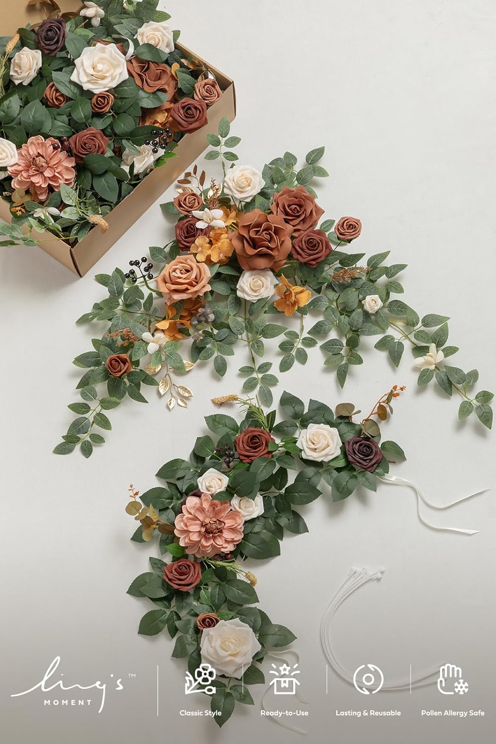 Ling's moment Fall Wedding Arch Flowers - 4-Piece Set with 2 Floral Swags & 2 Rose Garlands, Artificial Outdoor Hanging Decor for Ceremony, Reception Backdrop, Party Arrangement, Terracotta & Orange