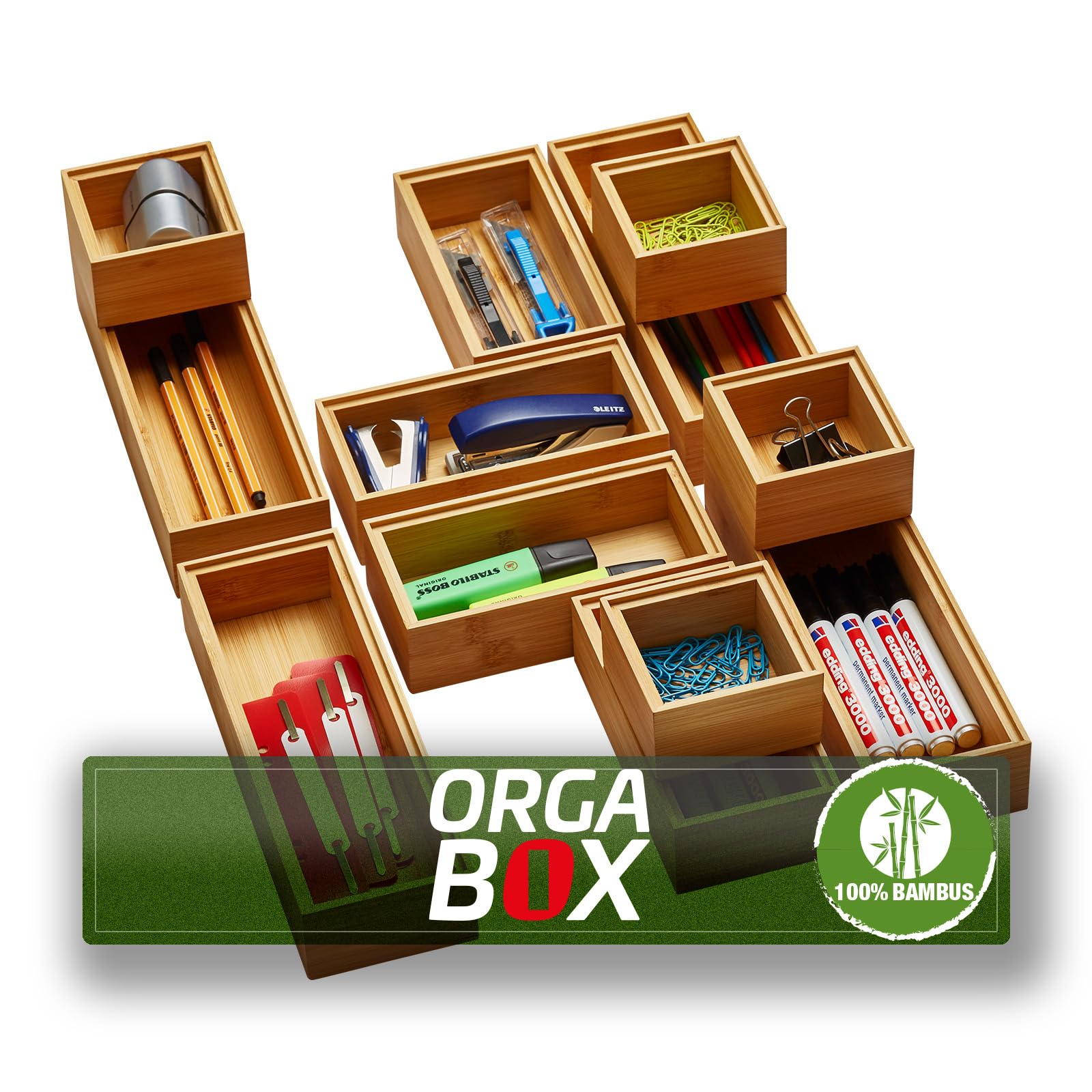 Orga-Box SOTECH BAMBUS Aufbewahrungsbox 12 teiliges Set | (geölt, 3 Größen 85/171/257 x 85 x 50 mm) Ordnungssystem stapelbar für Küchenschubladen Badezimmer und Arbeitszimmer