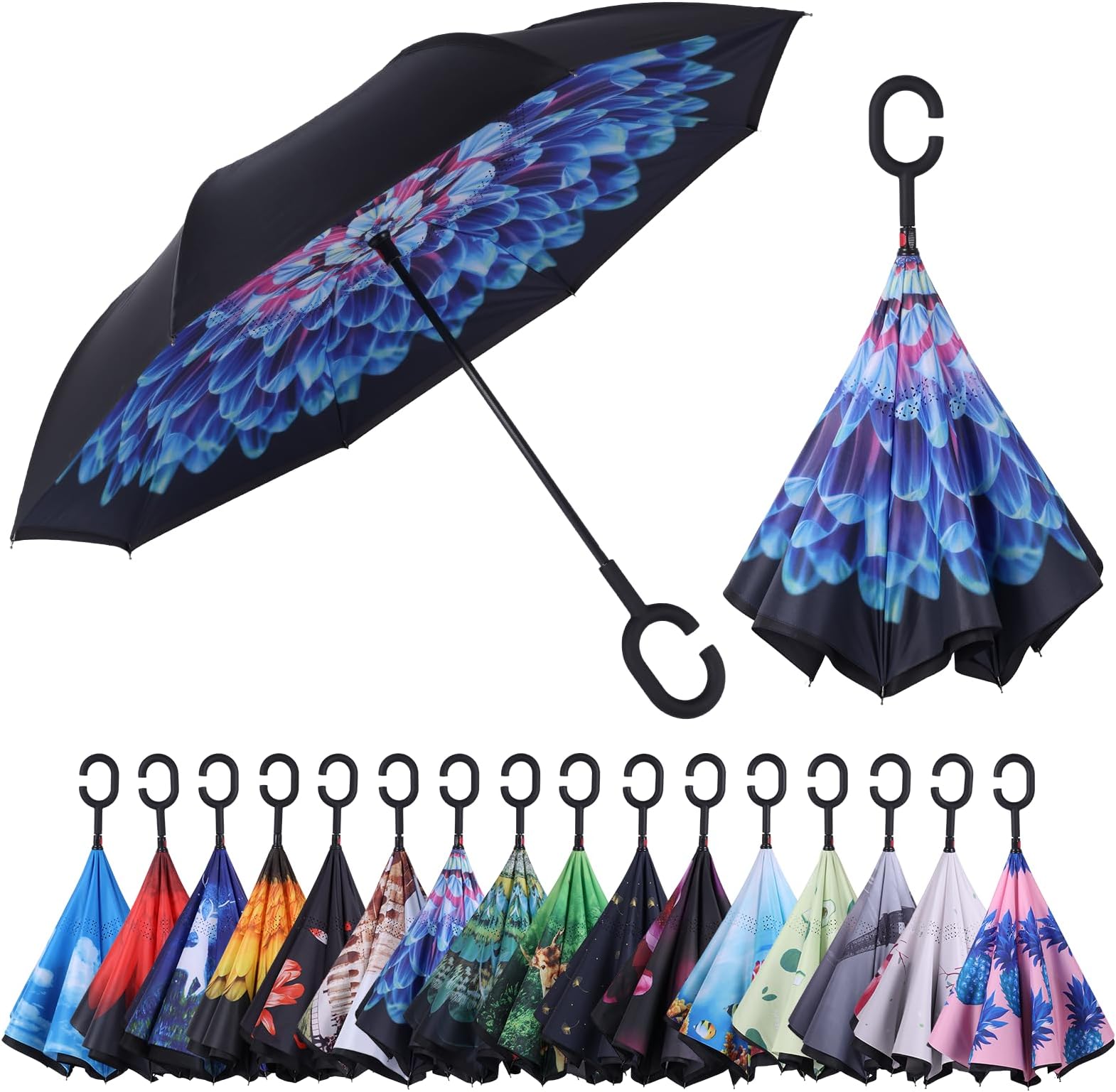 WxjiahetaiWxjiahetai Inverted Umbrella, Windproof Reverse Umbrellas for Rain with Reversible Inside-Out Design Large Upside Down Umbrella for Women & Men with C-shaped Handle (Sapphire)
