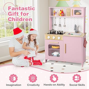 COSTWAY Kids Play Kitchen, Wooden Pretend Toy Kitchen with Lights & Sounds, Oven, Microwave, Sink, Faucet, Utensils, Children's Chef Role Play Set for Boys Girls (Pink)