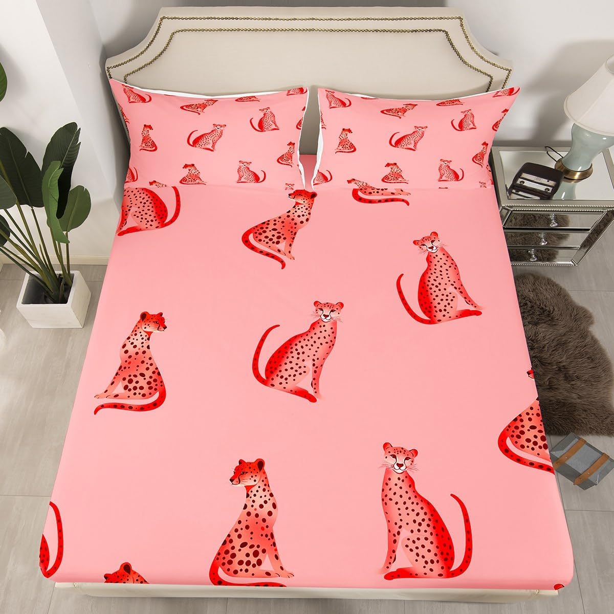jejeloiu Cheetah Bedding Set Kids Pink Leopard Bed Sheets Set Twin Size Wild Animal Fitted Sheet for Women Men Safari Room Decor Breathable Soft Lightweight Microfiber with 1 Pillow Case