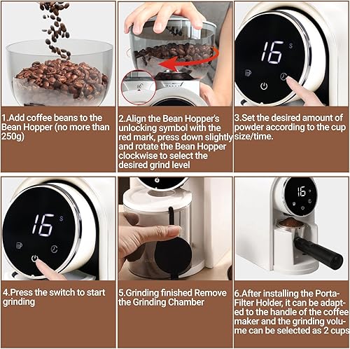 Miniatura 8 de Molinillo de café eléctrico con pantalla táctil, 2-14 tazas, molinillo de café cónico con 25 ajustes de molienda, cepillo de limpieza, molienda