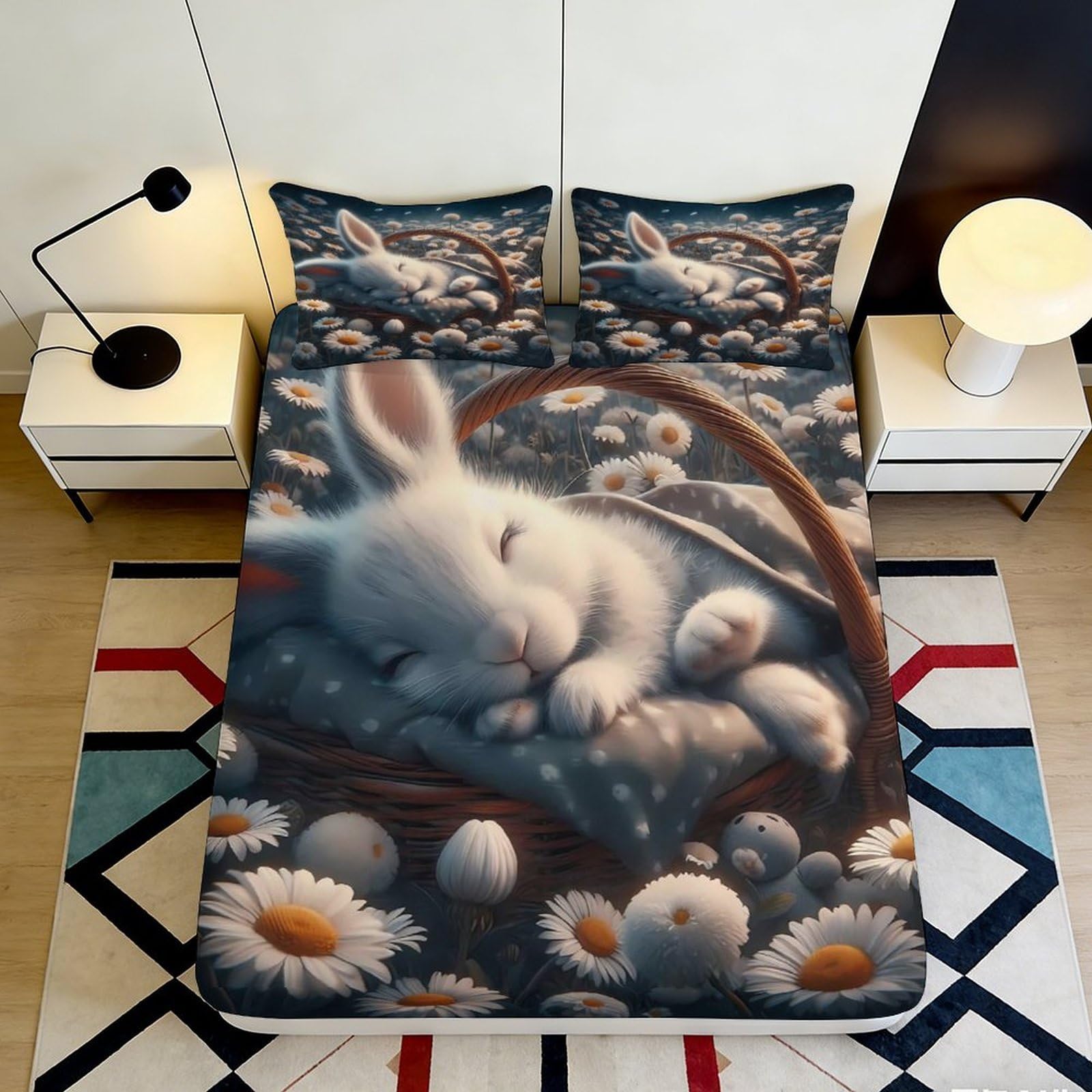 3D Printed Sleeping Bunny Fitted Sheet Microfiber Soft Breathable Daisy Basket Mattress Cover Bedroom Decor 140x200x25cm