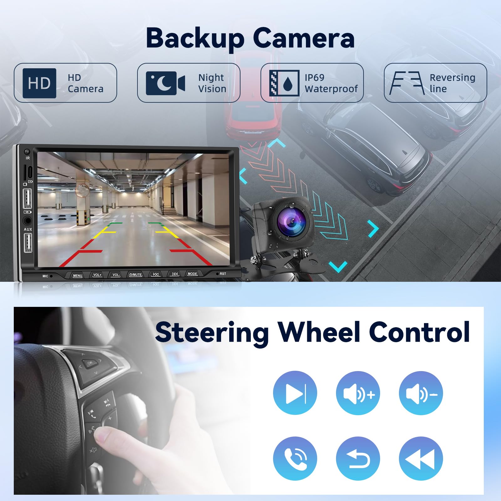 NHOPEEW Radio samochodowe 2 DIN z bezprzewodowym Carplay i Android Auto – 7 cali, 2 Din Raio, obsługa EQ FM, sterowanie kierownicą, 16 interfejsów użytkownika, wejście AUX SD, podwójne wejście USB +