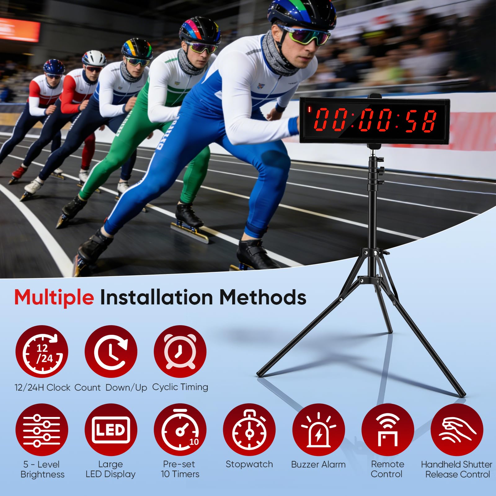 Temporizador Cuenta Regresiva, Cronómetro Digital 2,3 Pulgadas Y 6 Dígitos para Competiciones Y Juegos Temporizador Gimnasio con Trípode Cronómetro Deportivo con Control Remoto 12/24H (Cargar)