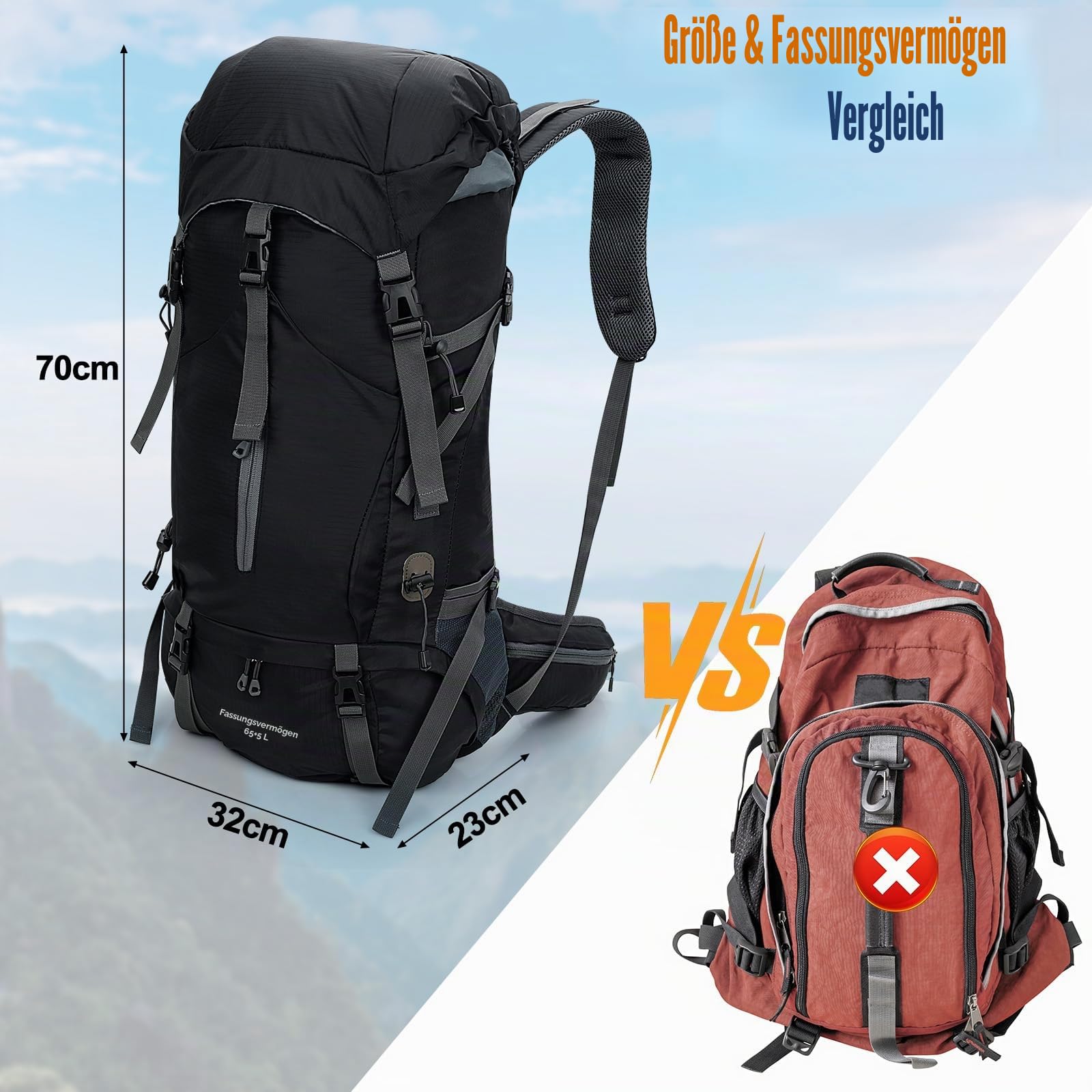 Cozary Wanderrucksack 70L Herren Damen Trekkingrucksack Outdoor Wandern Rucksack Mit Regenabdeckung, Reißfest Wasserdicht mit Belüftungssystem, Mehrere Fächer für Bergsteigen Camping Trekking