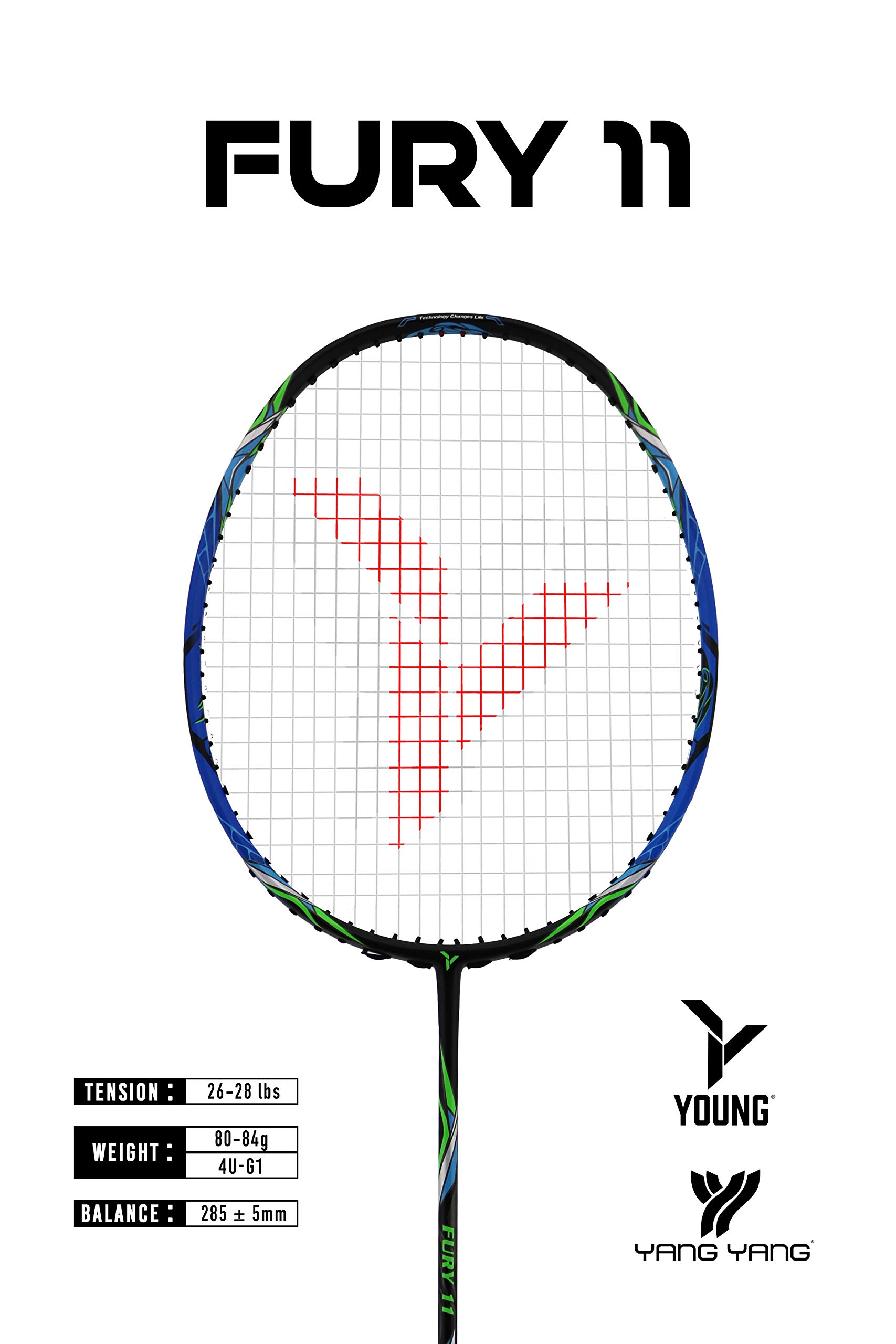 Young Fury Professional Badminton Racket, Lightweight, Head Light, ONE Piece High Modulus 24-Ton Graphite (NO T-Joint), Strung at 24-lb (Yang Yang Rambo 0.68mm)