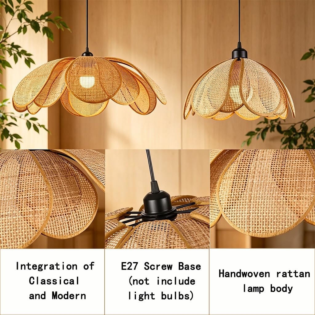 Blumenförmige Rattan Pendelleuchte Handgewebte Hängeleuchte E27 Natürliche Deckenlampe Für Wohnzimmer Schlafzimmer Esszimmer Flur Küche Moderne Rustikale Verstellbarer Höhe(50CM)