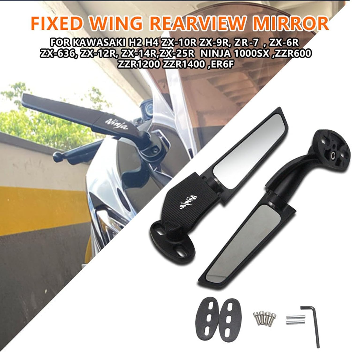 Motorcycle Adjustable 360° Rearview Mirrors Wind Wing HD Side Mirrors Fit for Kawasaki ZX6R ZR7 ZX9R ZX10R ZX14R ZX25R ZX636 ZZR600 ZZR1200 ZZR1400 ER6F Ninja 1000 H2 H4