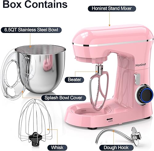 Stand Mixer, 6.5QT 10-Speed Tilt-Head Electric Stand Mixer, 3-In-1 Kitchen Mixer with Bowl, Dough Hook, Whisk and Beater, Food Mixer for Baking, Cake and Most Home Cooks, Pink