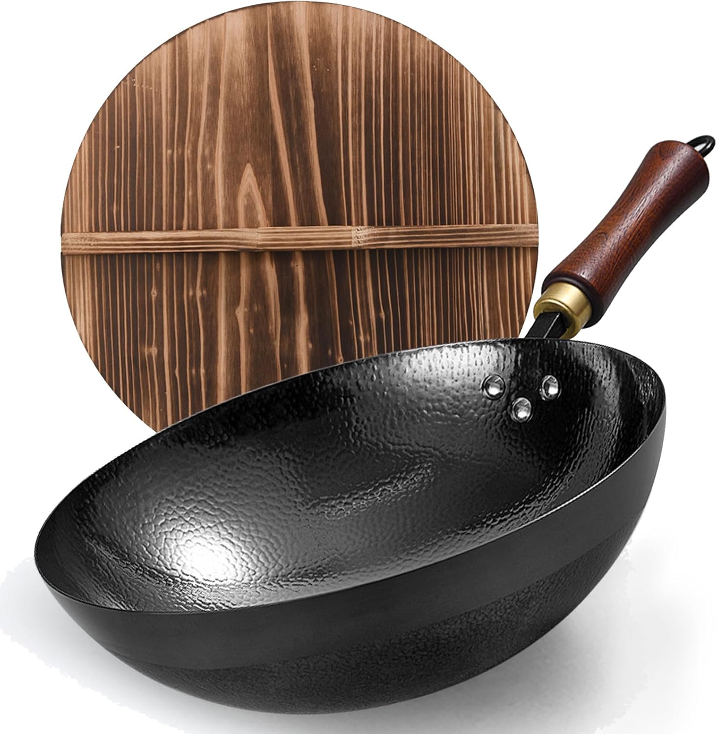 Carbon Steel Wok Pan, 13.5 inch Woks & Stir-Fry Pans with Wooden Lid Cookwares, Nonstick Wok, No Chemical Coated Flat Bottom Hand Hammered Chinese Wok For Gas