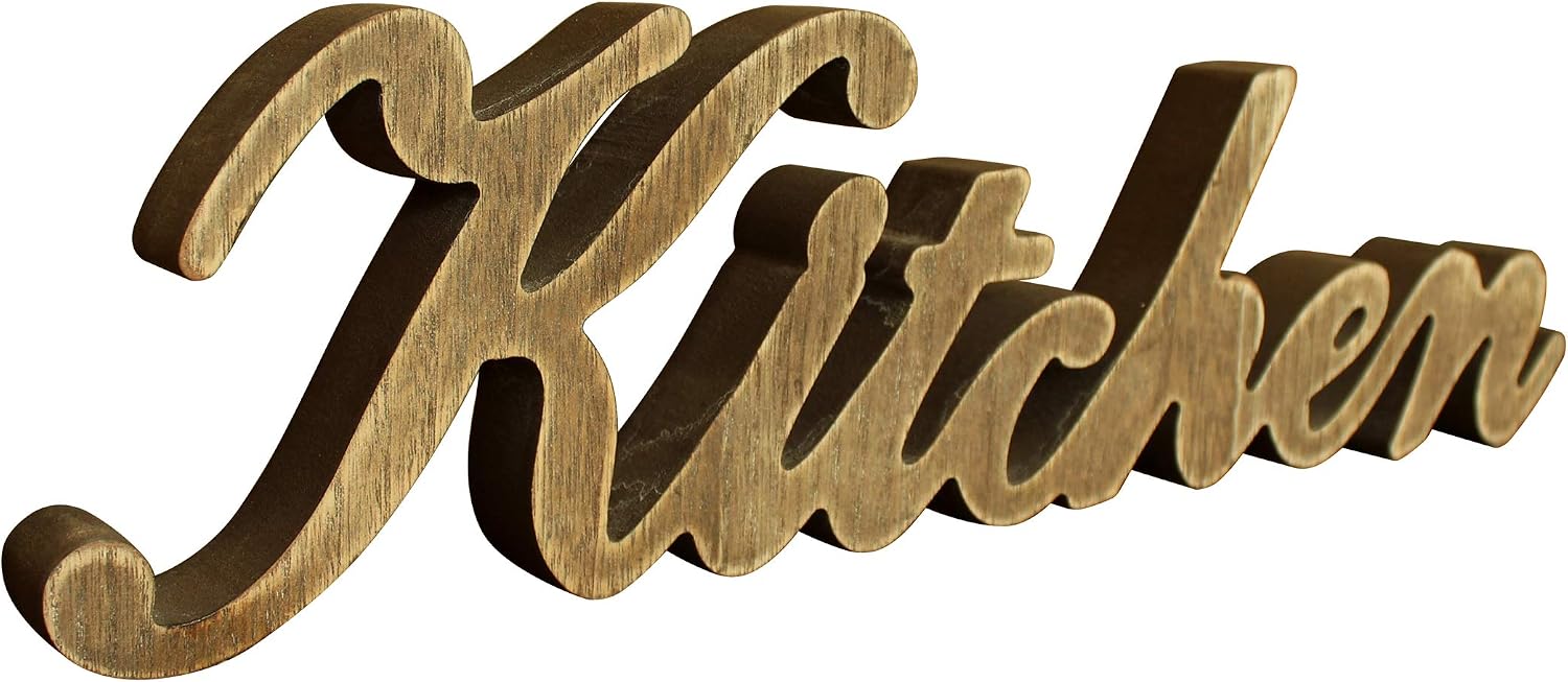 CVHOMEDECO. Rustic Vintage Distressed White Wooden Words Sign Free Standing "Kitchen" Desk/Table/Shelf/Door/Home Wall Decoration Art, 15-1/2 x 4-1/4 x 1 Inch