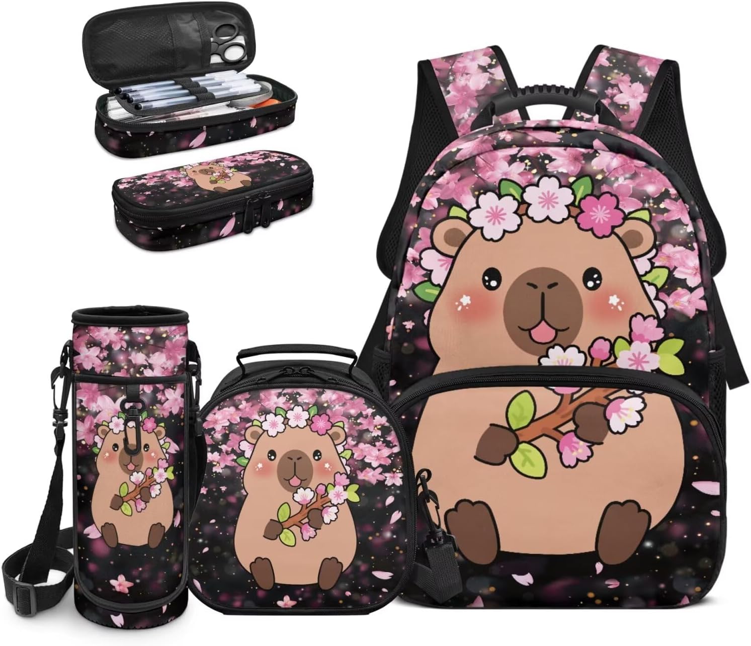 Capybara Backpack 4pcs Set Kids School Backpack with Lunch Bag for Boys Girls Cute Bookbag Elementary School image 2
