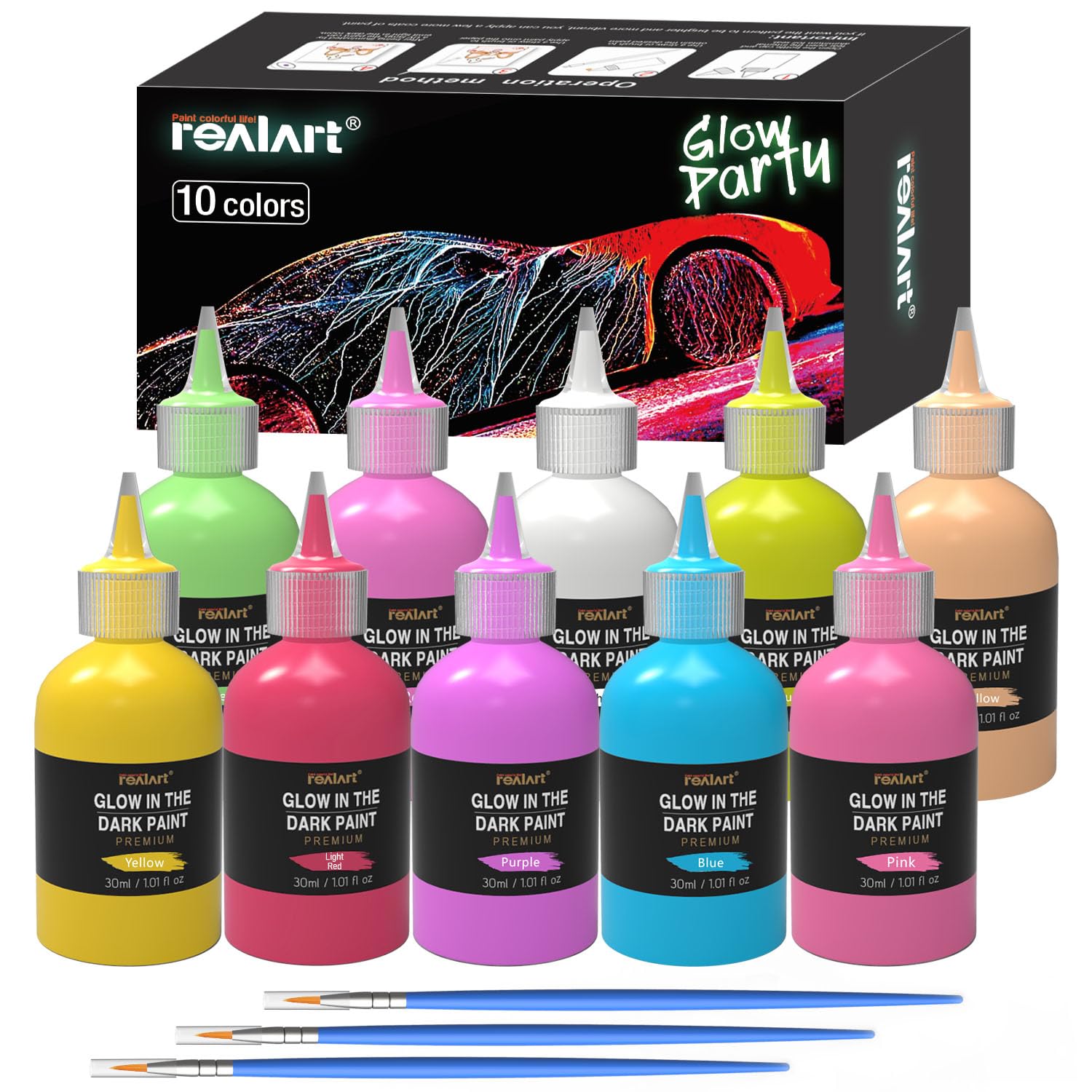 REALART Glow in the Dark Paint 10 Colors (1Oz / Bottle) Glow in the Dark Party Supplies Glow in the Dark Acrylic Paint Neon Acrylic Paint Set