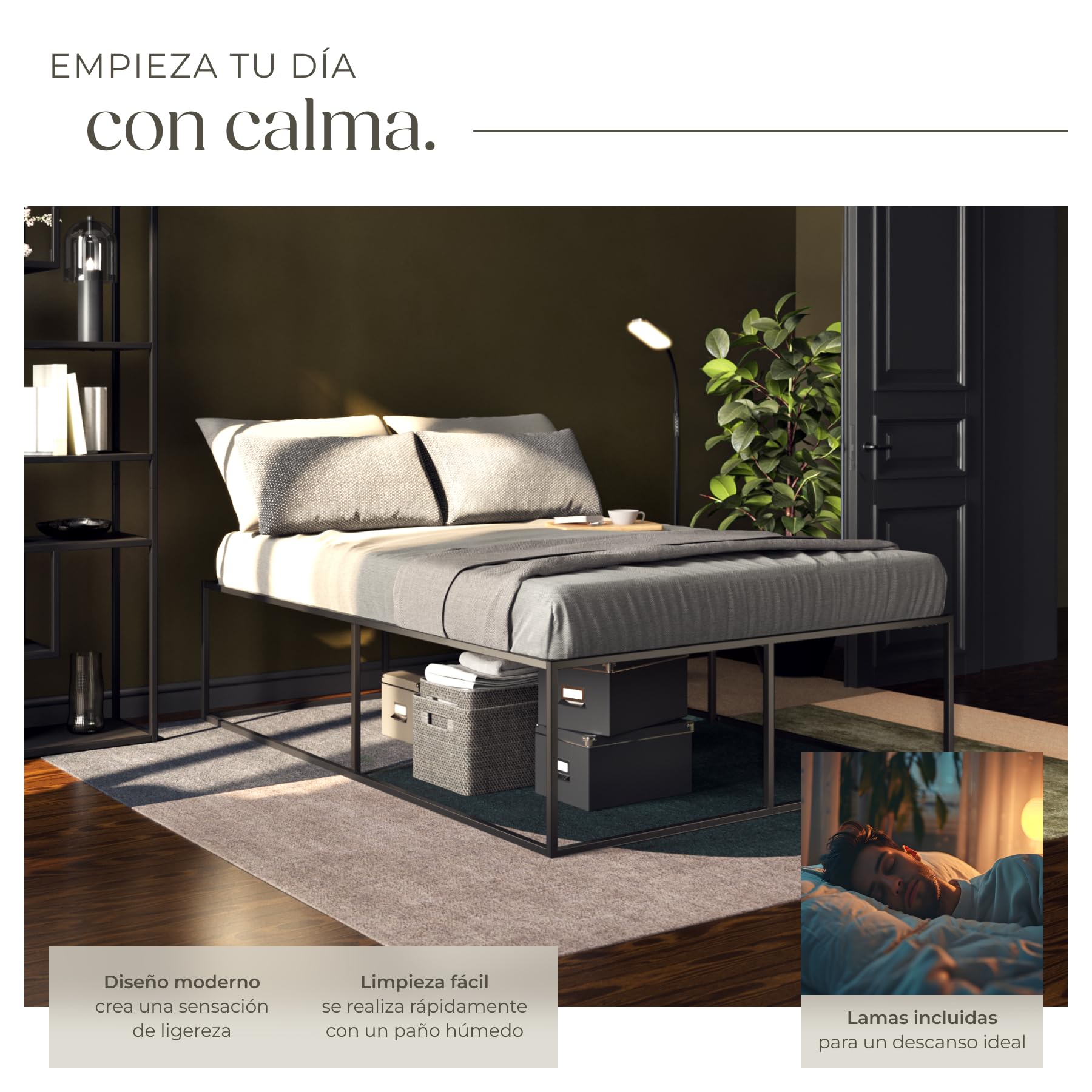 tectake® Cama Matrimonio Metal, Almacenamiento Debajo, Estructura Resistente, Somier Madera de Álamo, Diseño Minimalista, Cama Matrimonio Moderna - 200 x 140 x 46,5 cm